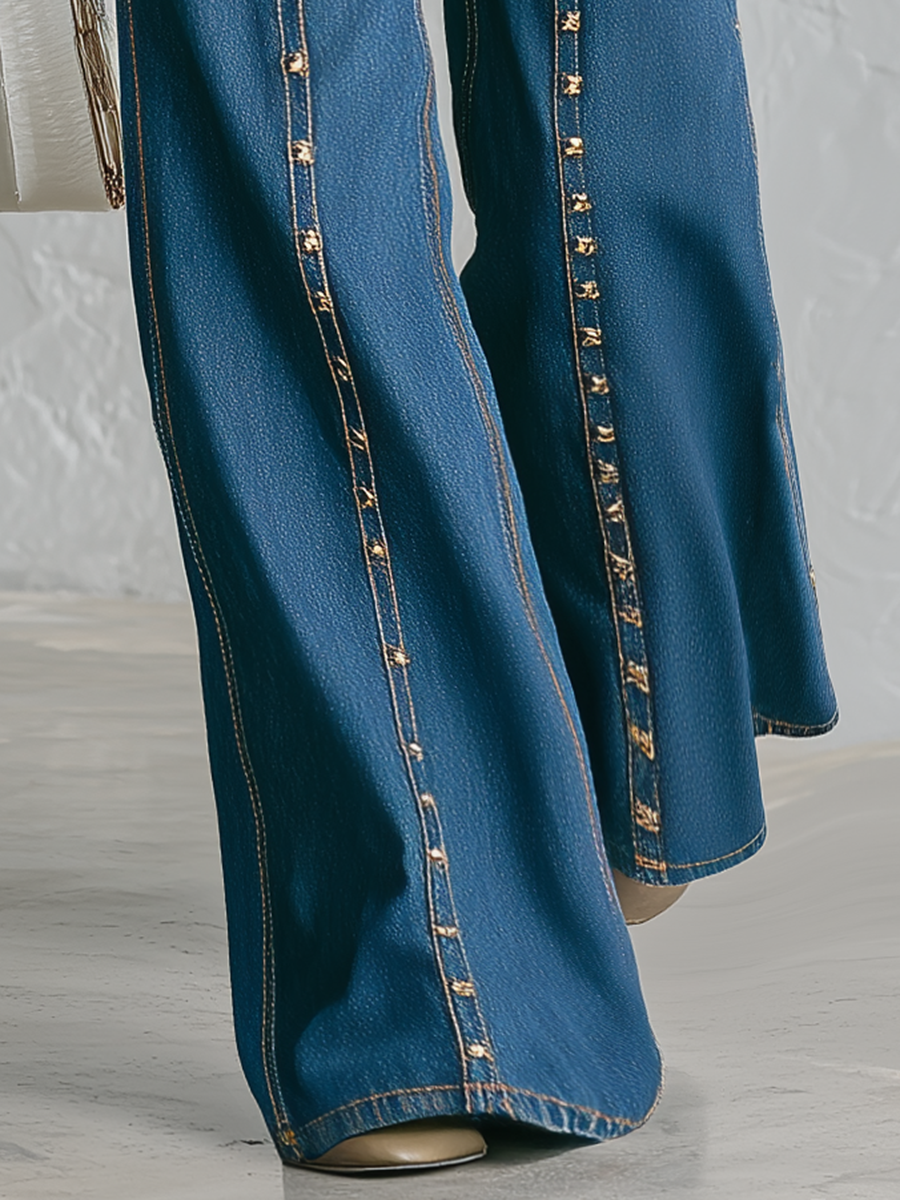Vintage Gold Studded Seam Wide Leg Jeans