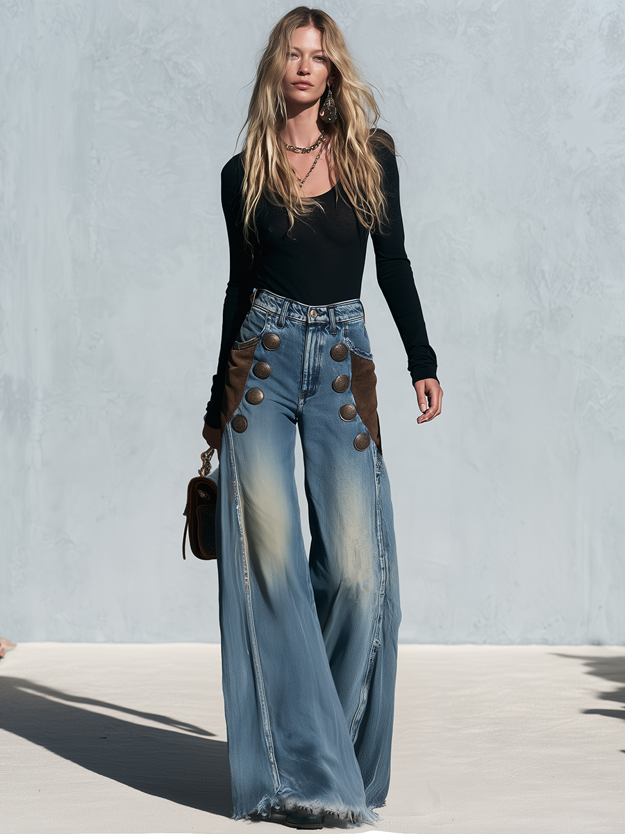 Vintage Suede Panel Double Button Wide Leg Jeans