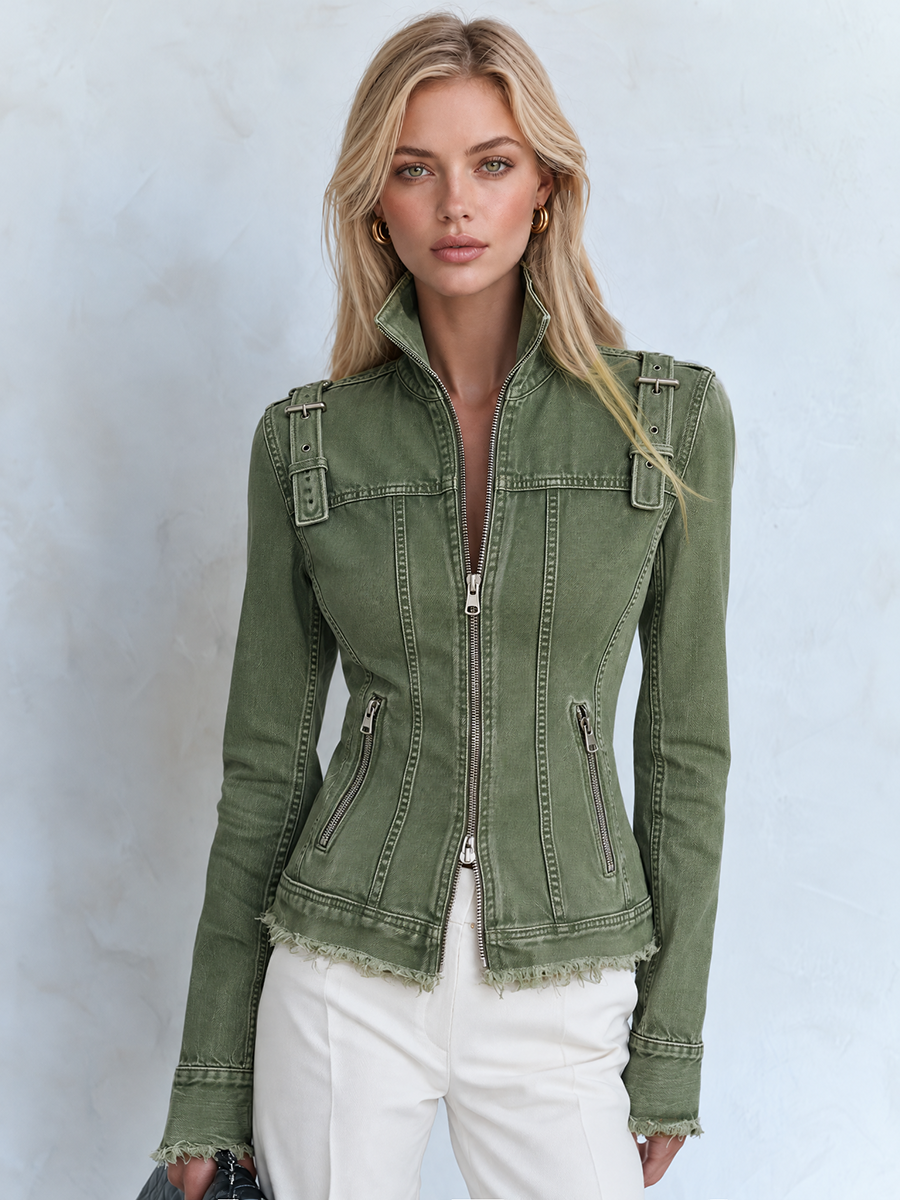 Vintage Utility Buckle Frayed Zip Front Denim Moto Jacket