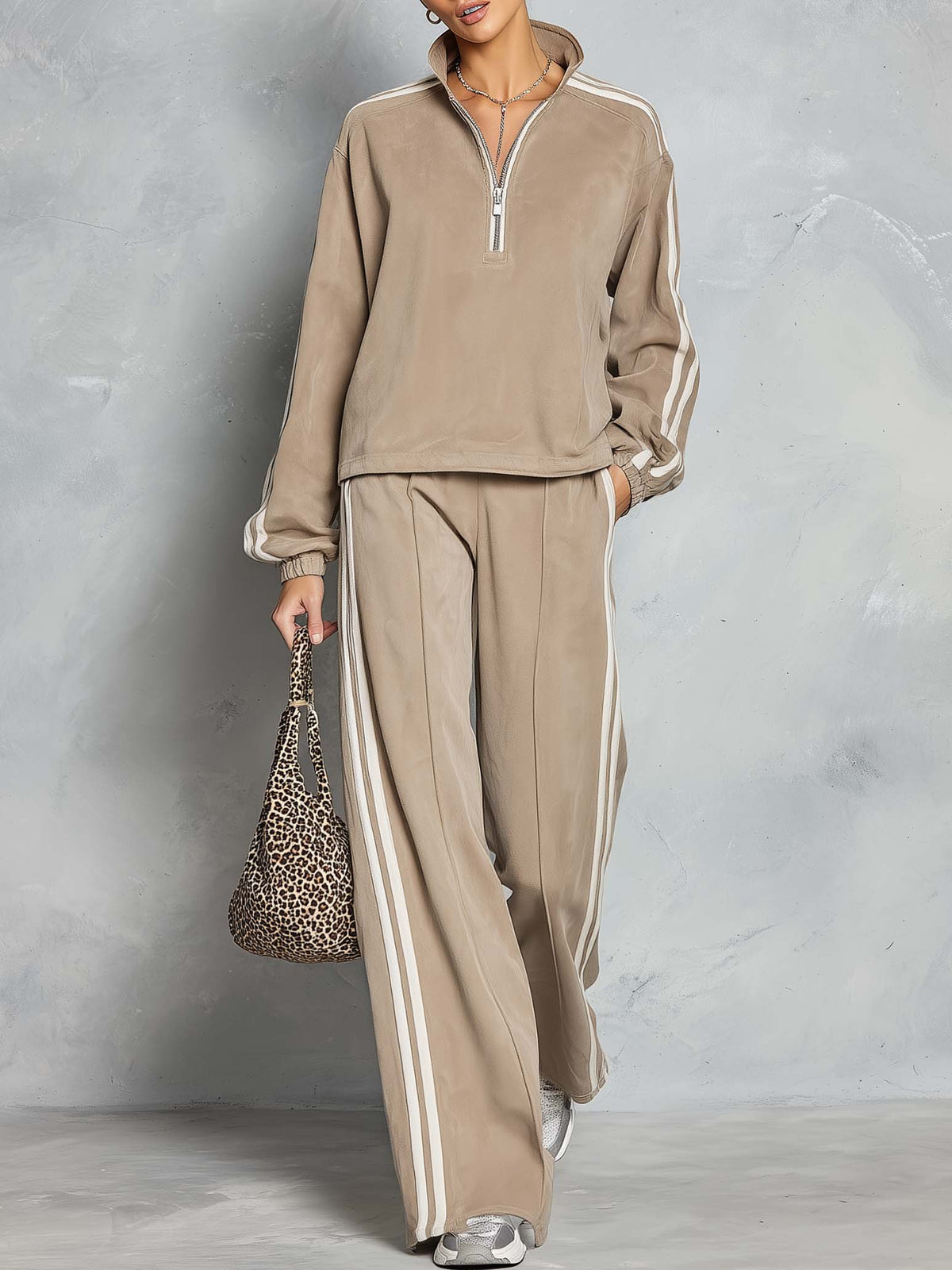 Retro Sporty Faux Suede Half-Zip Striped Wide-Leg Pants Matching Set