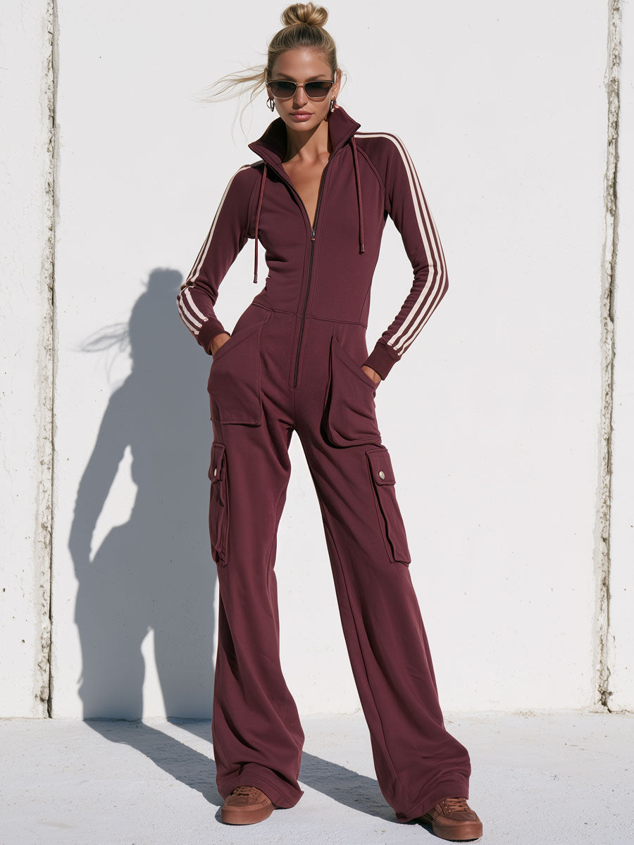Fashionable Retro Purple-brown Cotton Long-sleeved Jumpsuit