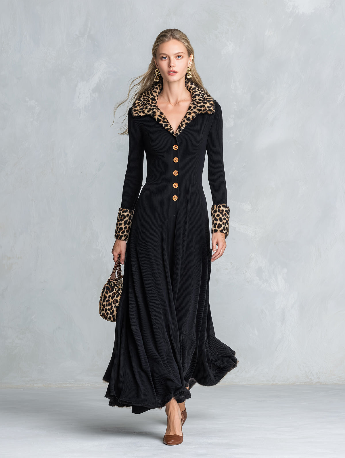Elegant Leopard-Print Collar Black Ribbed-Knit Maxi Dress