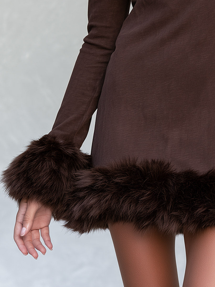 Stylish Frayed-Edge Brown Boat-Neck Stretch Cotton Mini Dress