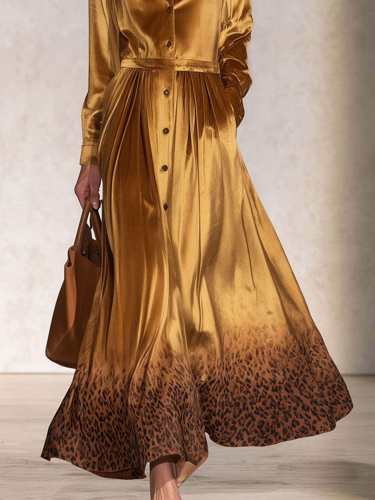 Vintage Gold Velvet Leopard Hem Button-Front Long-Sleeve Shirt Maxi Dress