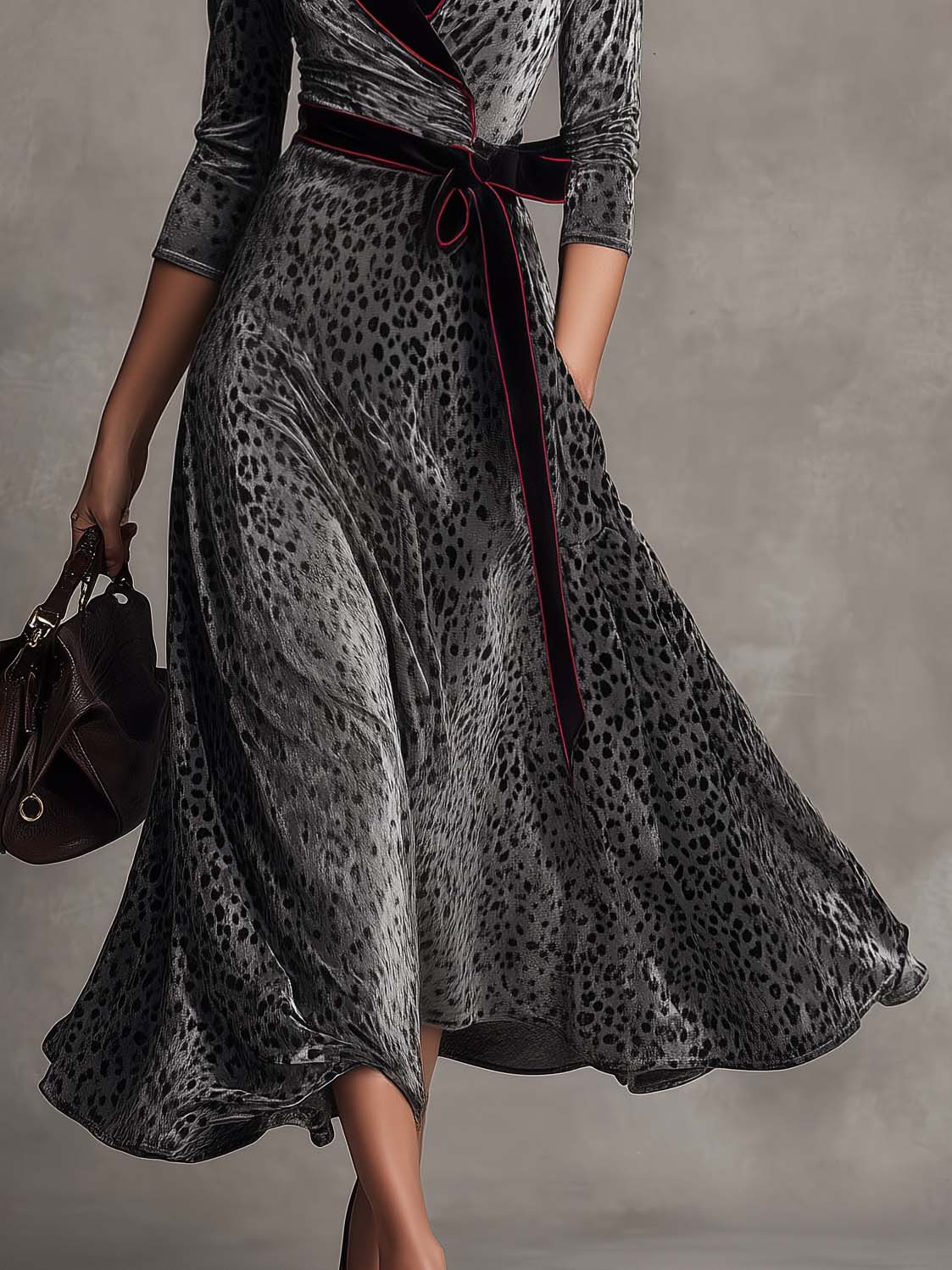 Vintage Gray Leopard Print Velvet Belted Lapel Wrap Midi Dress