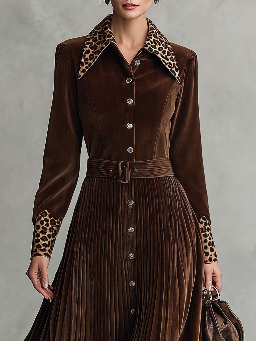 Vintage Leopard Collar Brown Faux Suede Pleated Belted Long Sleeve Midi Shirt Dress