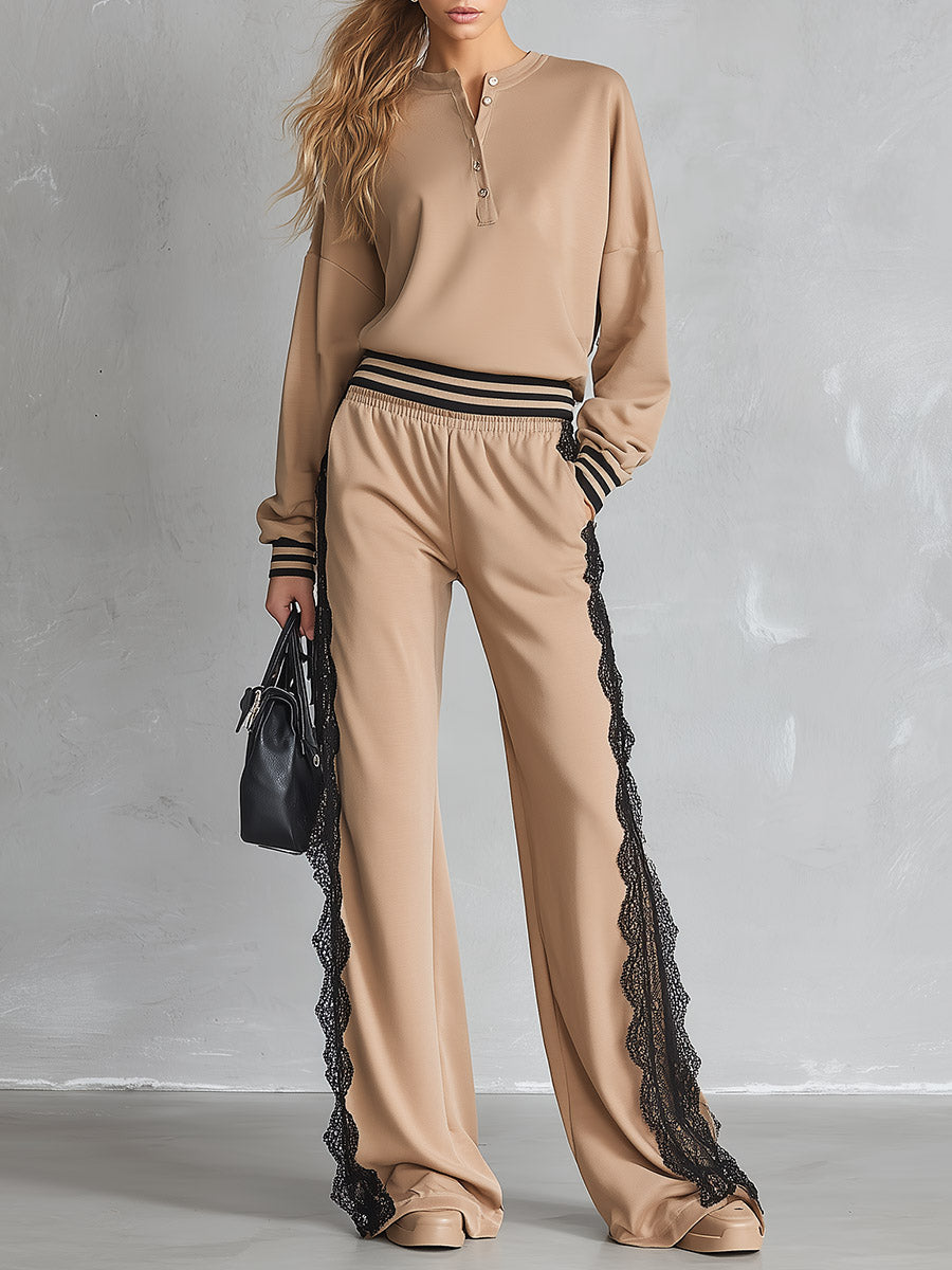 Casual Striped-Trim Lace-Detail Beige Sweatshirt and Sweatpants Loungewear Set