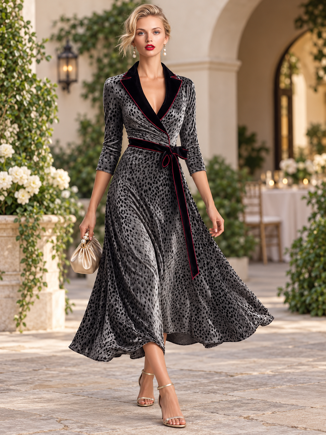Vintage Gray Leopard Print Velvet Belted Lapel Wrap Midi Dress