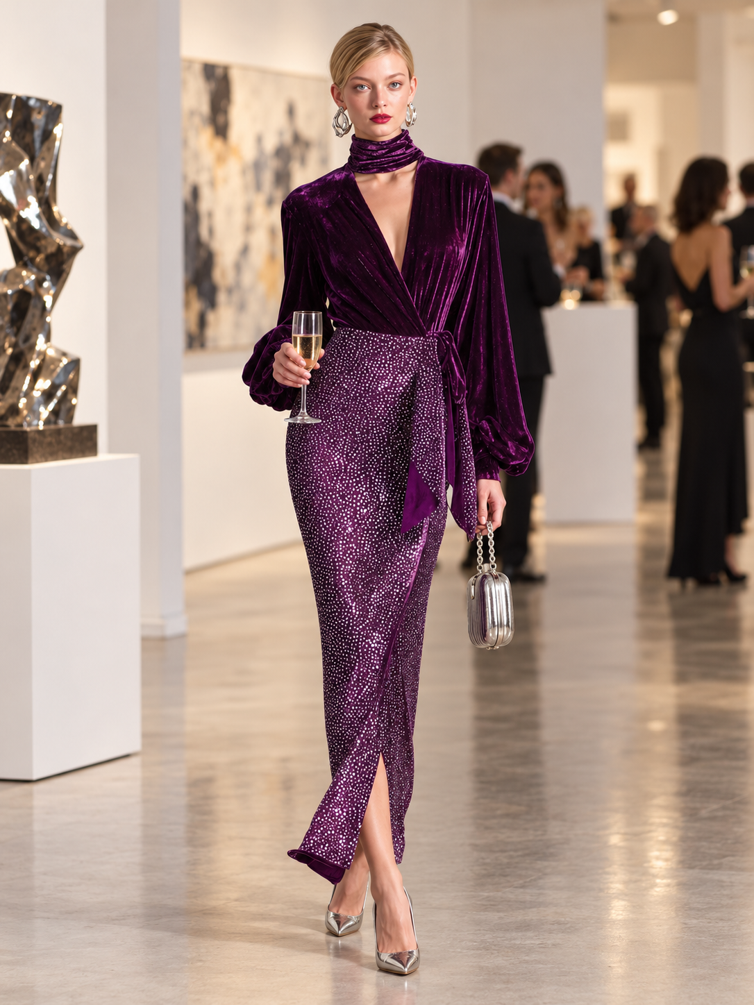 Elegant Plum Velvet Wrap Top Sequin Maxi Skirt Two Piece Set
