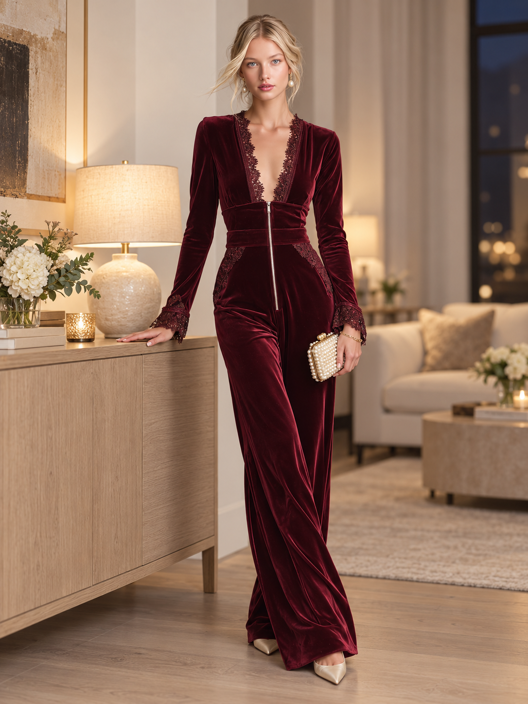 Elegant Burgundy Velvet Long Sleeve Lace Trim V Neck Wide Leg Women Jumpsuit