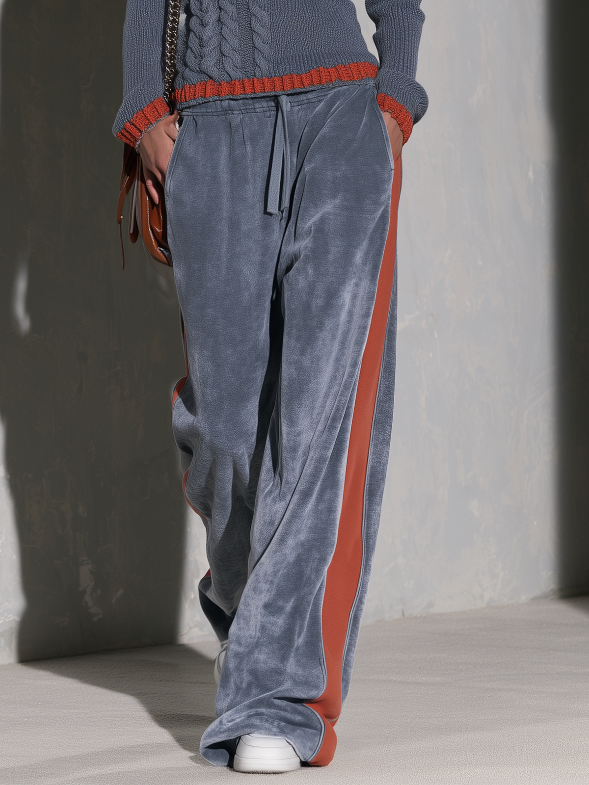 Retro Sporty Cable Knit V-Neck Sweater And Velvet Wide-Leg Pants Matching Set