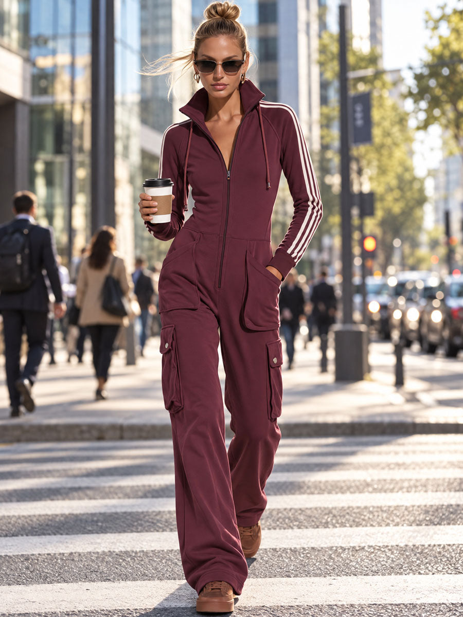 Fashionable Retro Purple-brown Cotton Long-sleeved Jumpsuit