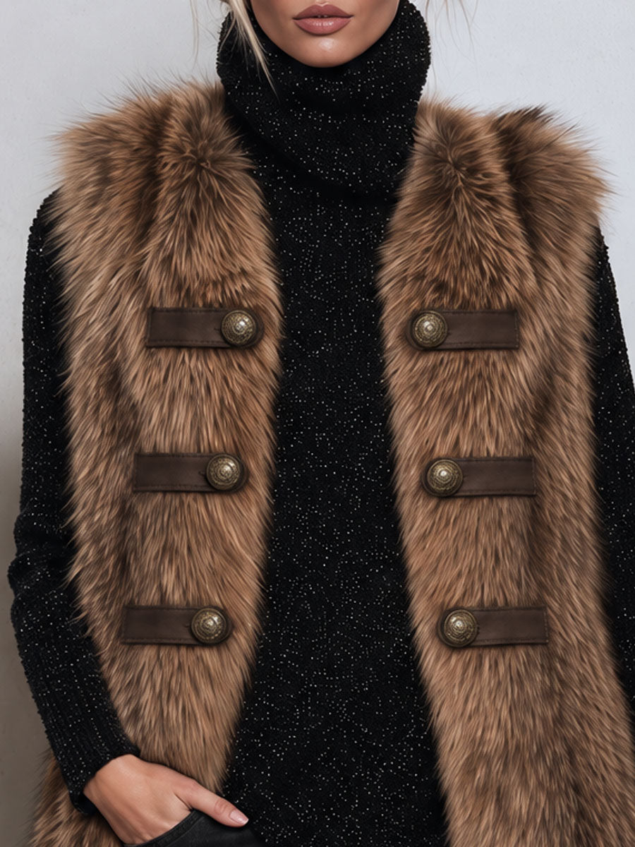 Classic Retro Double-breasted Decorative Button Brown Faux Fox Fur Vest