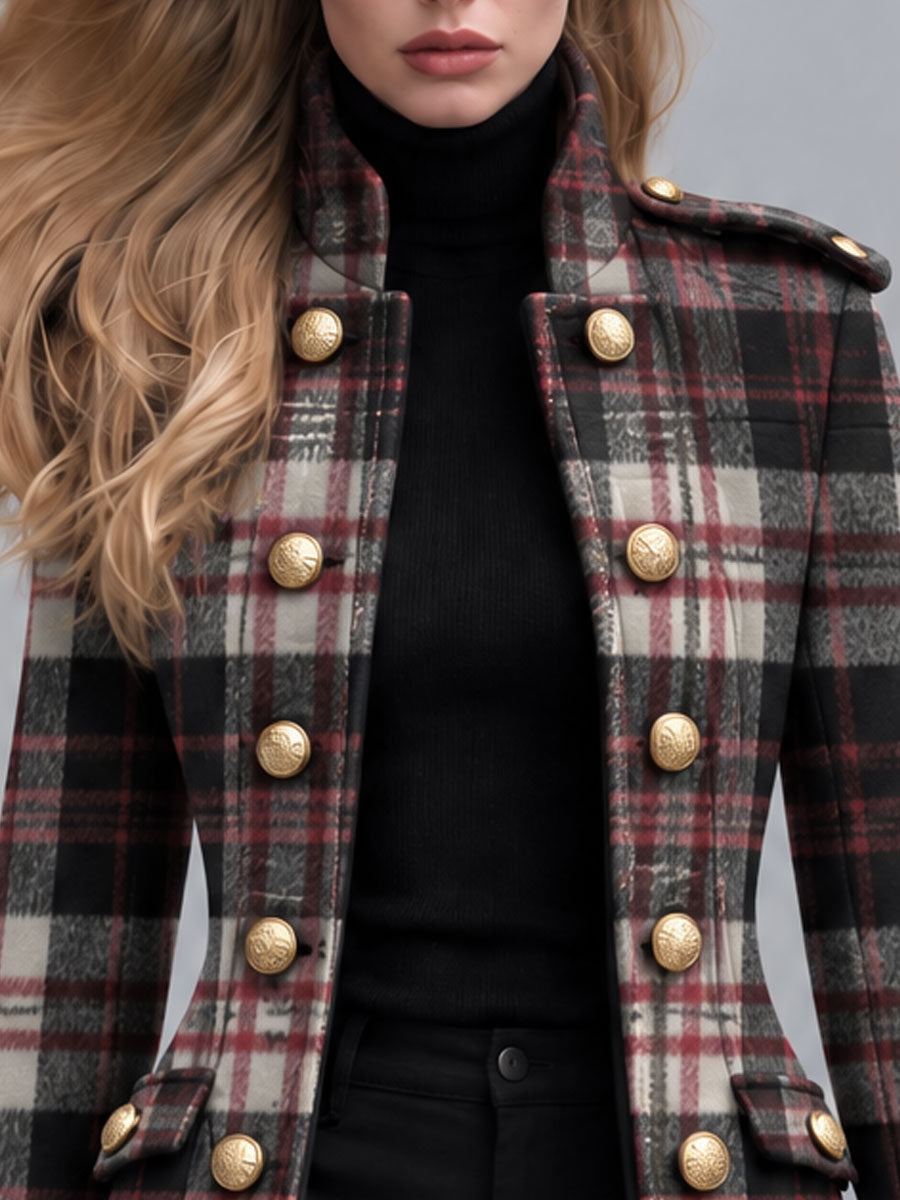 Classic Retro Faux Fur Cuff Double-breasted Plaid Wool Blend Coat