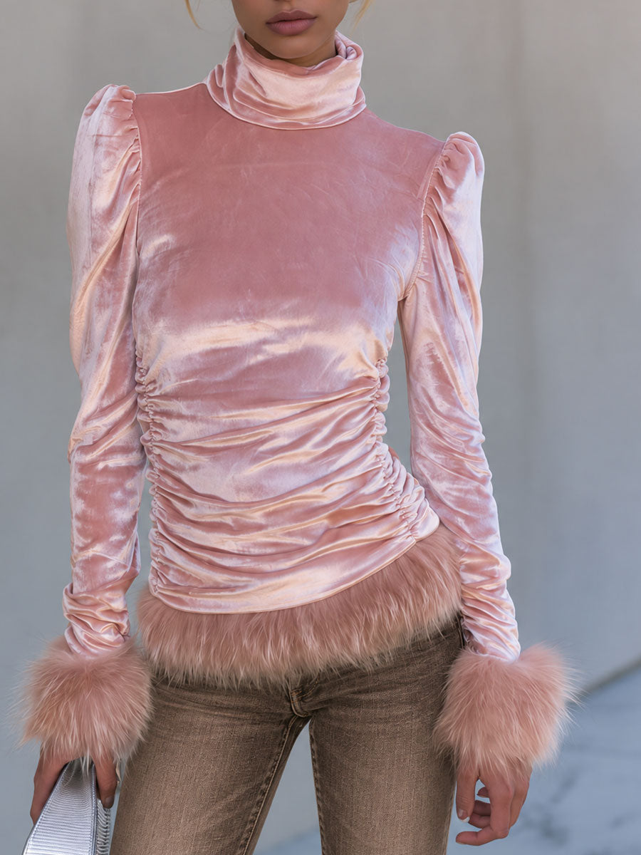 Retro-elegant Faux Fur Trim Pink Velvet Shirt