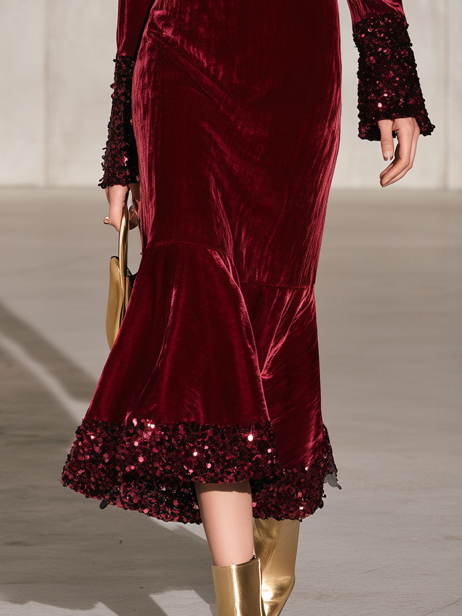 Stylish And Elegant Sequined Burgundy Velvet Ruffled Fishtail Midi Dress