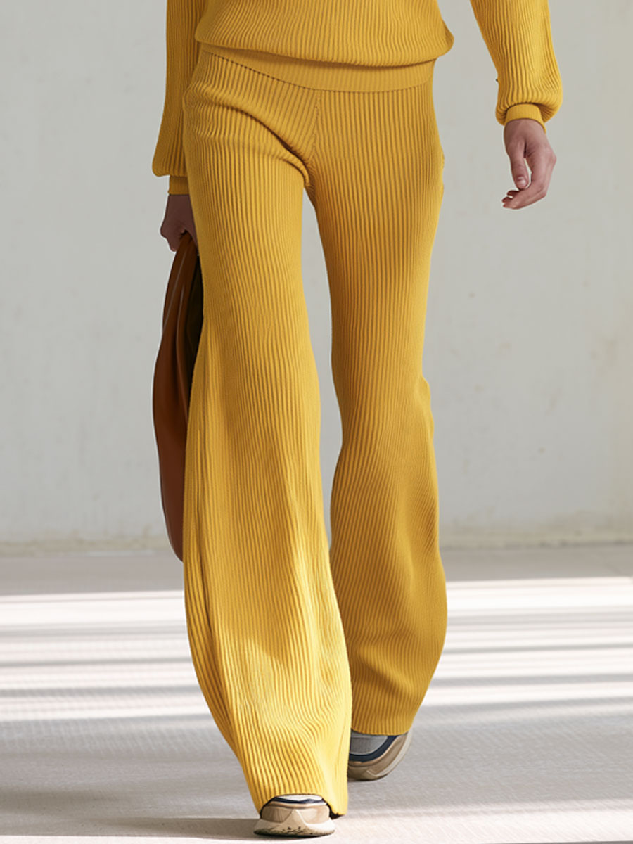 Casual And Stylish Half-zip Yellow Knit Top And Pants Set