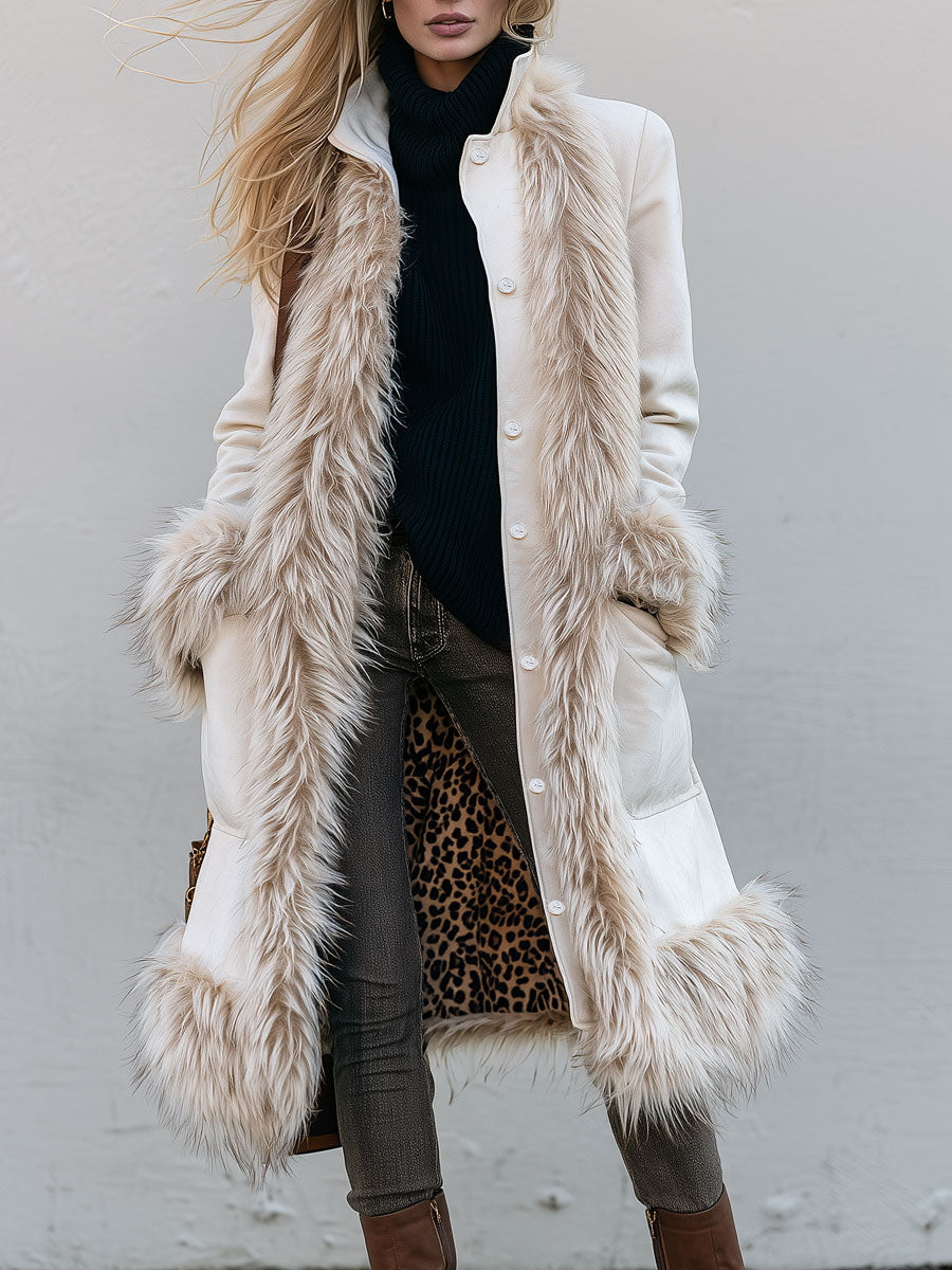 Classic Retro Faux Fur White Faux Suede Leopard Print Lining Coat