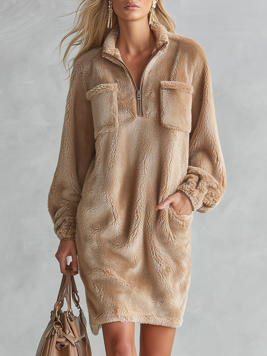 Stylish And Warm Khaki Half-Zip Faux Fur Mini Dress