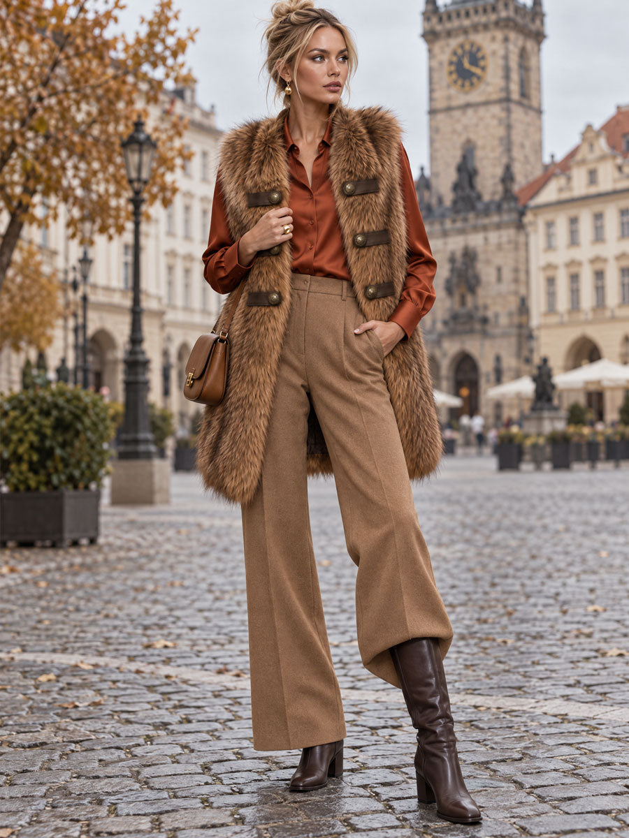 Classic Retro Double-breasted Decorative Button Brown Faux Fox Fur Vest