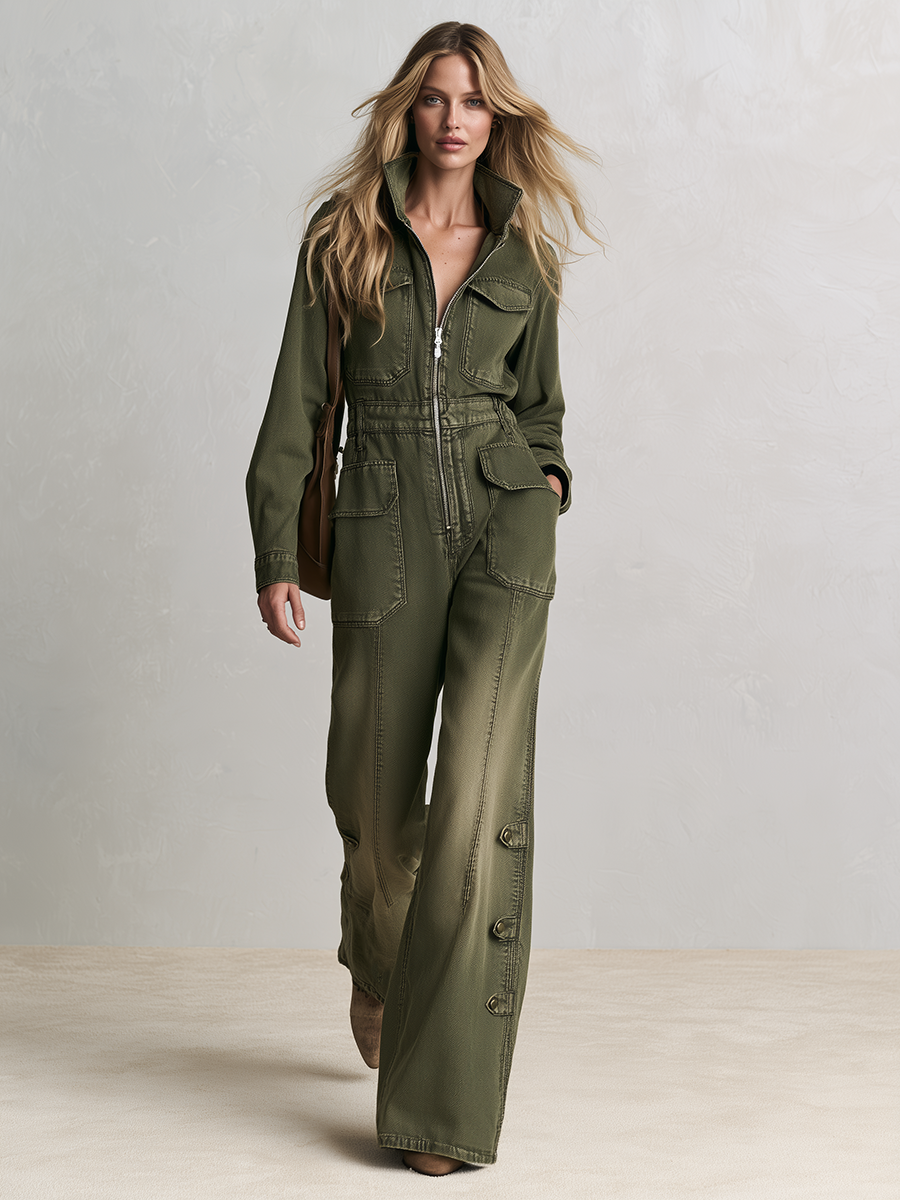 Vintage Utility Zip Front Pocket Buckle Strap Wide Leg Jumpsuit