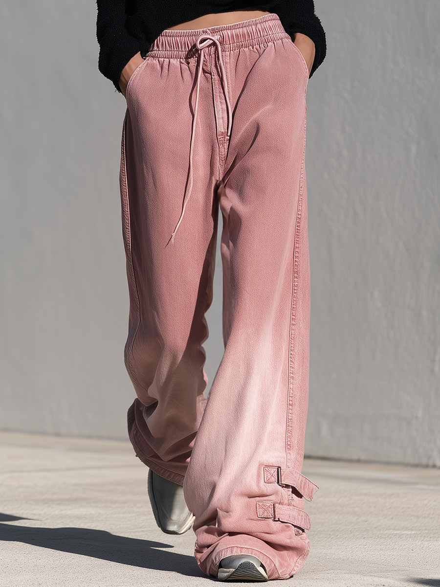 Retro Sporty Drawstring Buckle Hem Wide Leg Jeans