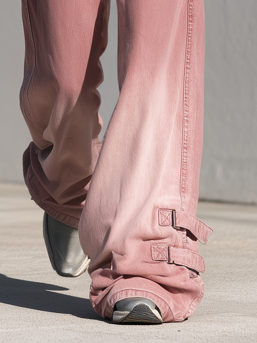 Retro Sporty Drawstring Buckle Hem Wide Leg Jeans