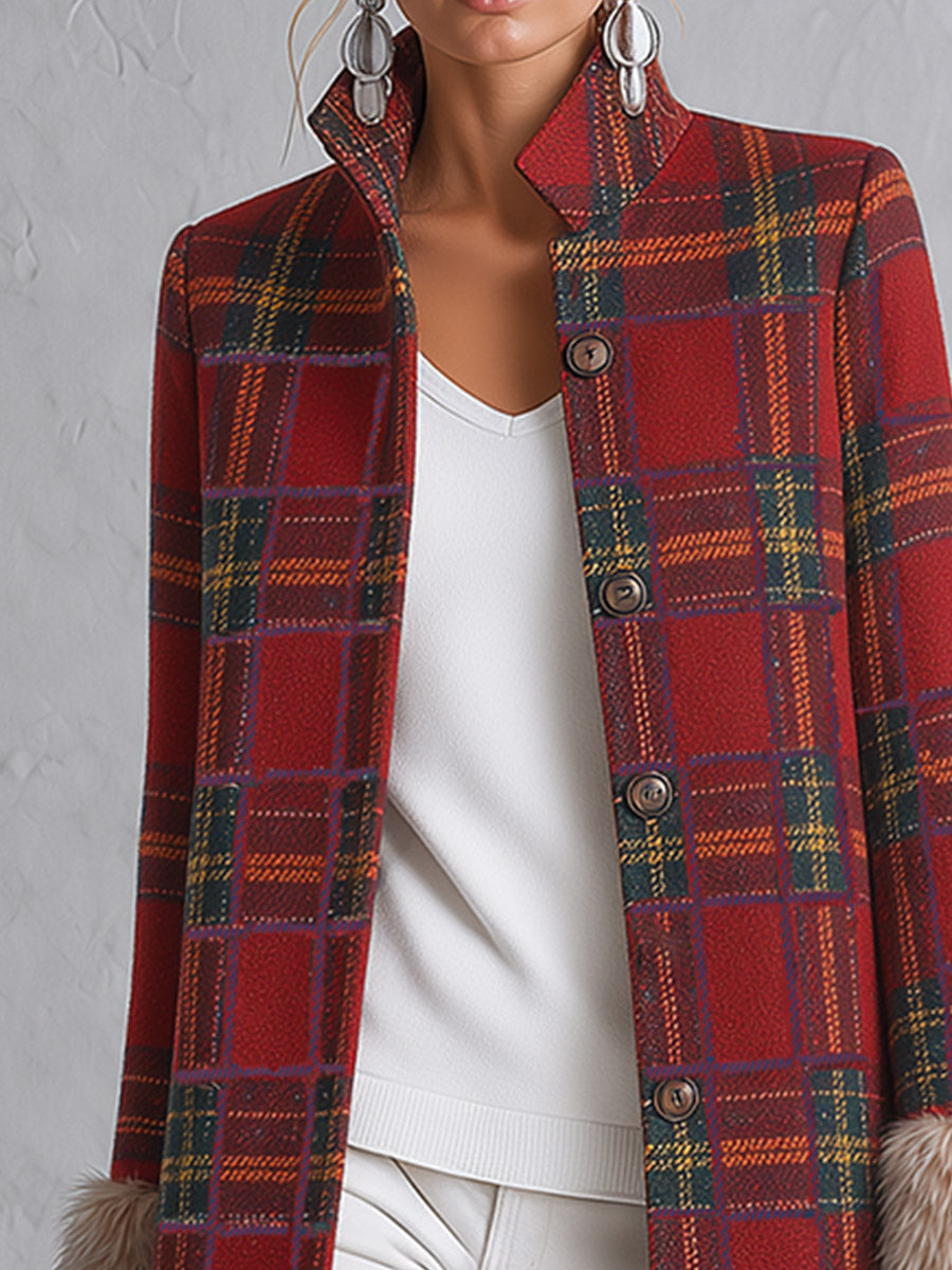 Vintage-style Faux-fur Trimmed Red Plaid Long Coat