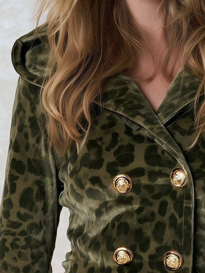Vintage Olive Leopard Velvet Hooded Double-Breasted Top With Gold Buttons