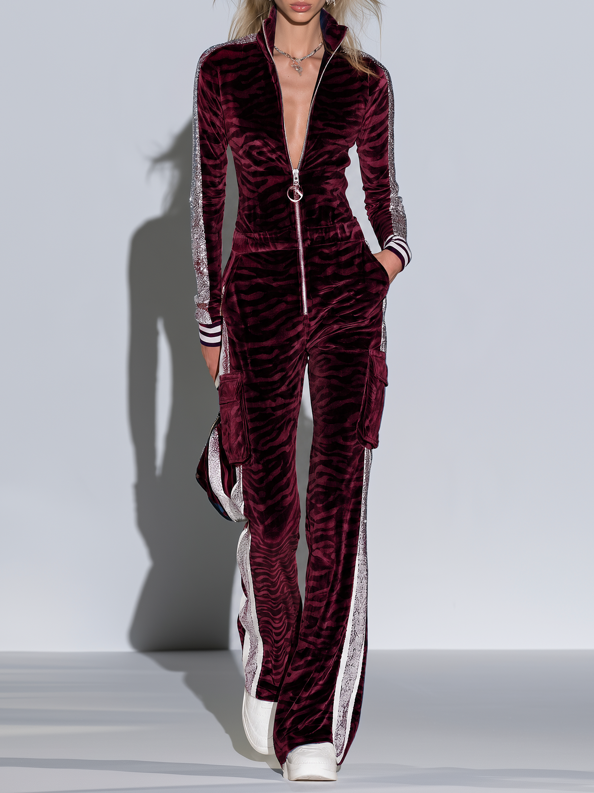 Women Retro-Sporty Zebra Print Velvet Zip Front Jumpsuit Burgundy
