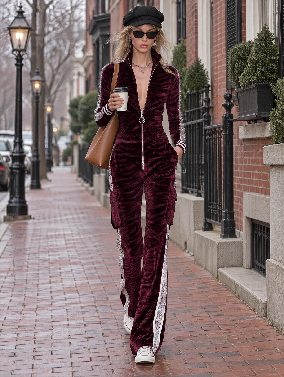 Women Retro-Sporty Zebra Print Velvet Zip Front Jumpsuit Burgundy