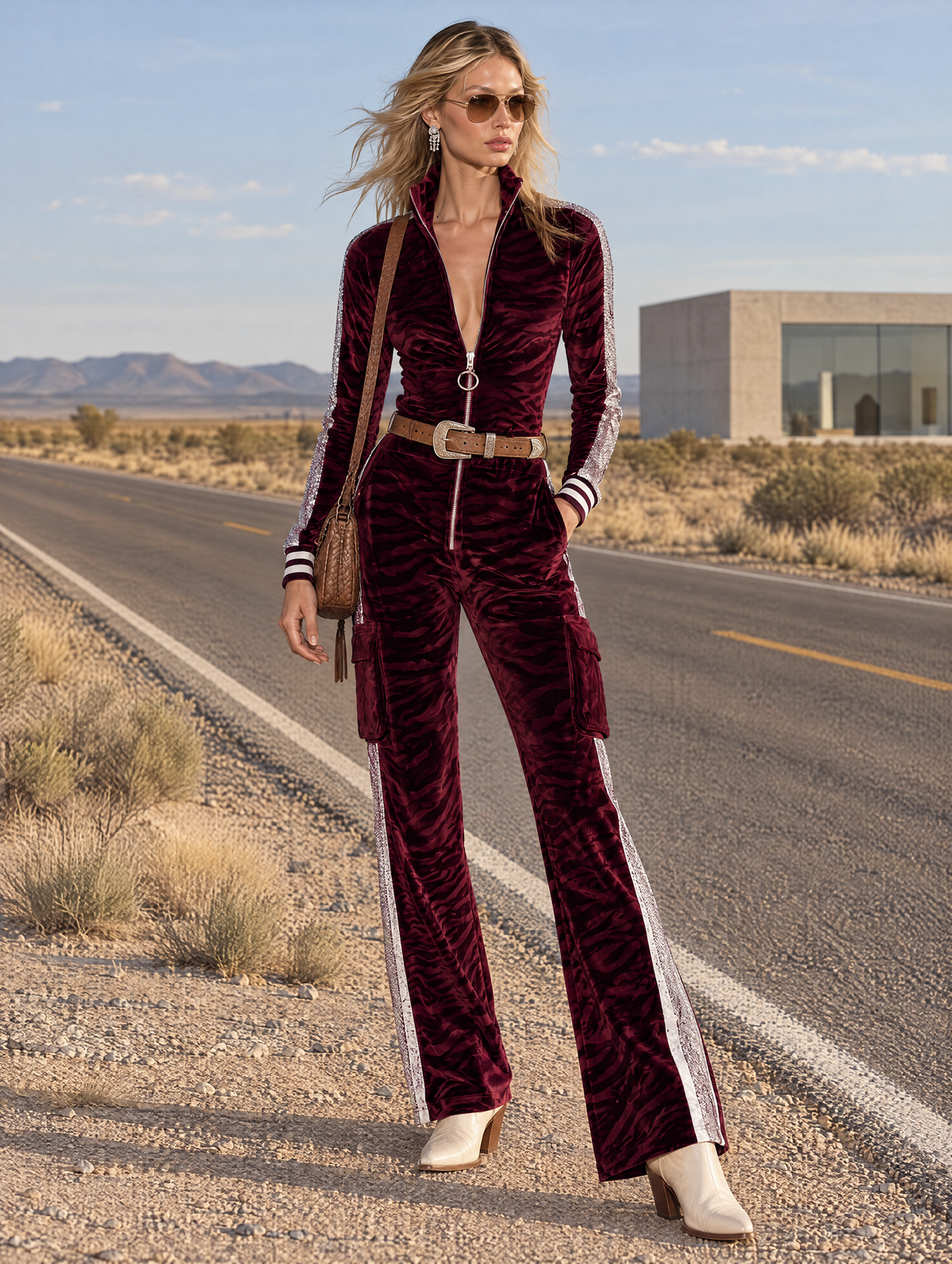 Women Retro-Sporty Zebra Print Velvet Zip Front Jumpsuit Burgundy