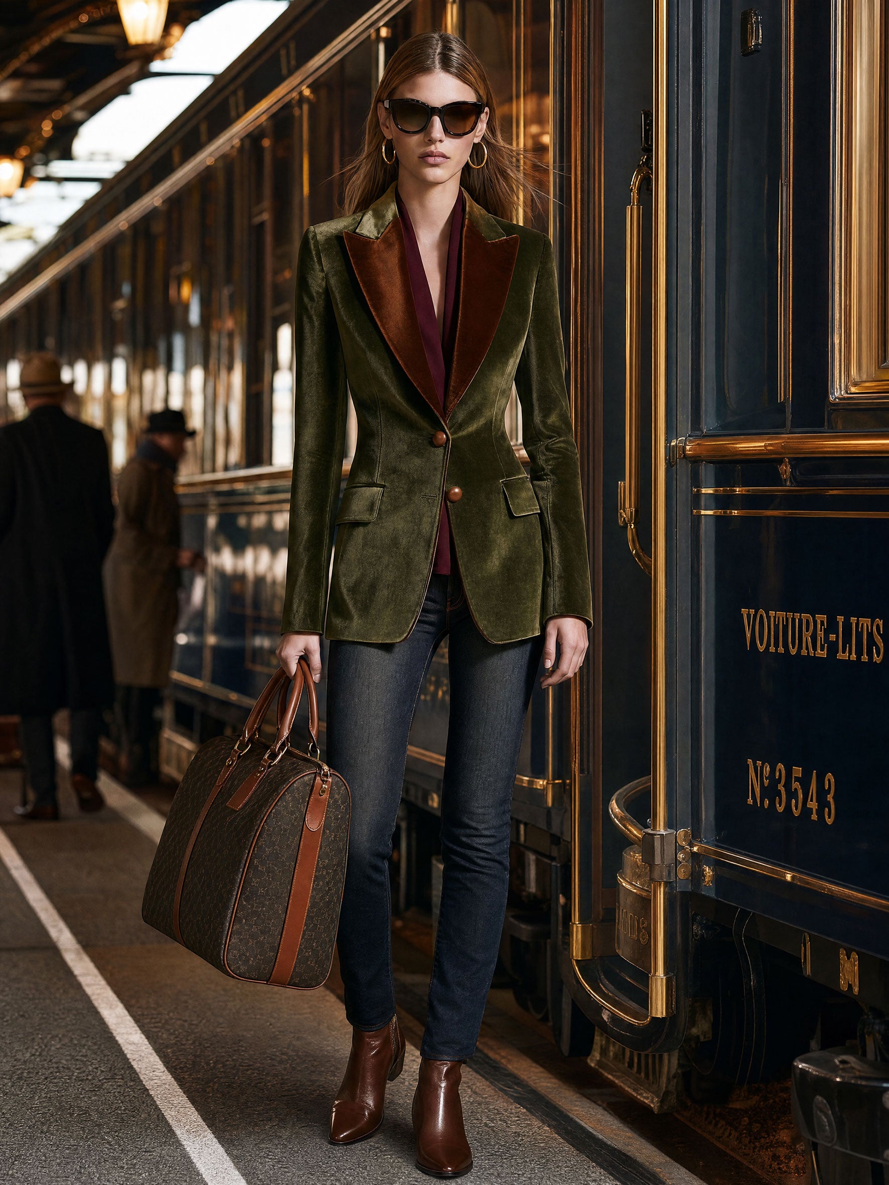 Casual Retro Brown Lapel Moss Green Velvet Blazer