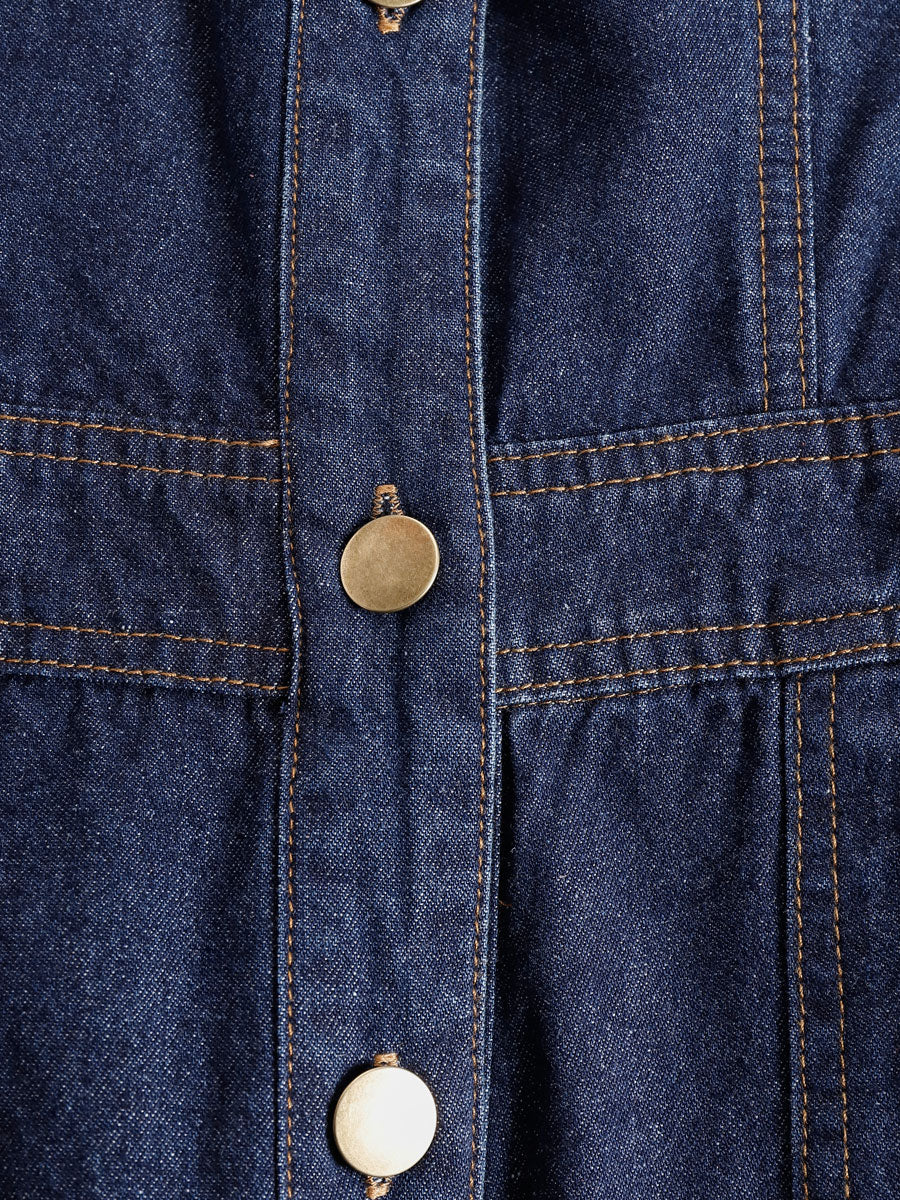 Casual Retro Multi-pocket Topstitching Dark Blue Denim Sleeveless Balloon Jumpsuit