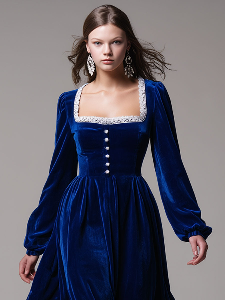 Fashionable Retro Lace-trimmed Royal Blue Velvet Long-sleeved Midi Dress