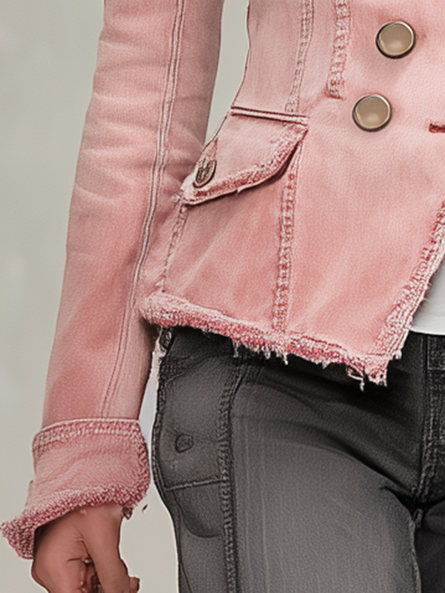 Pink Washed Denim Jacket Frayed Distressed Double-breasted Slim-fit Lapel Suit
