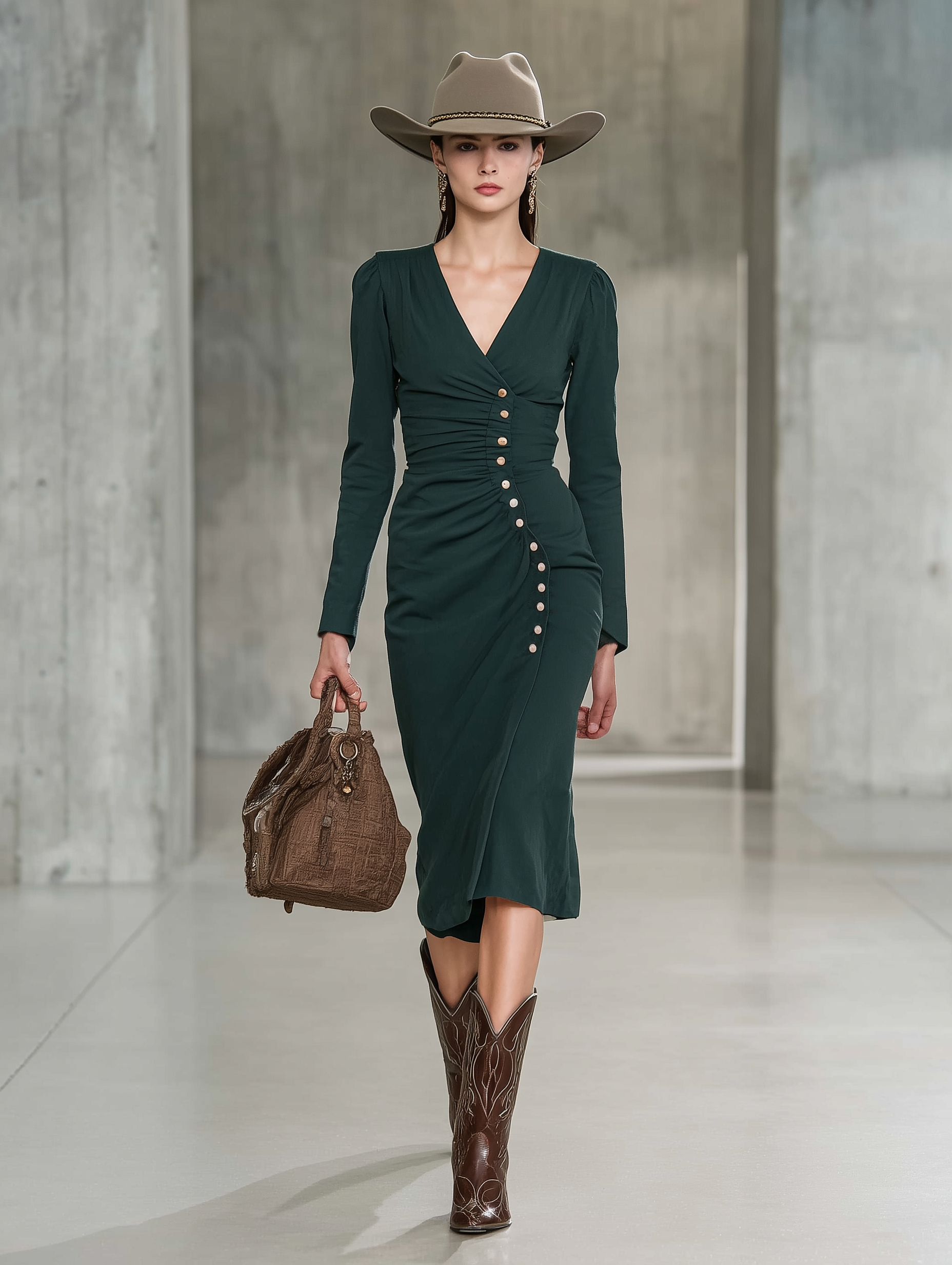 Vintage Green Pleated V-neck Button-down Midi Dress
