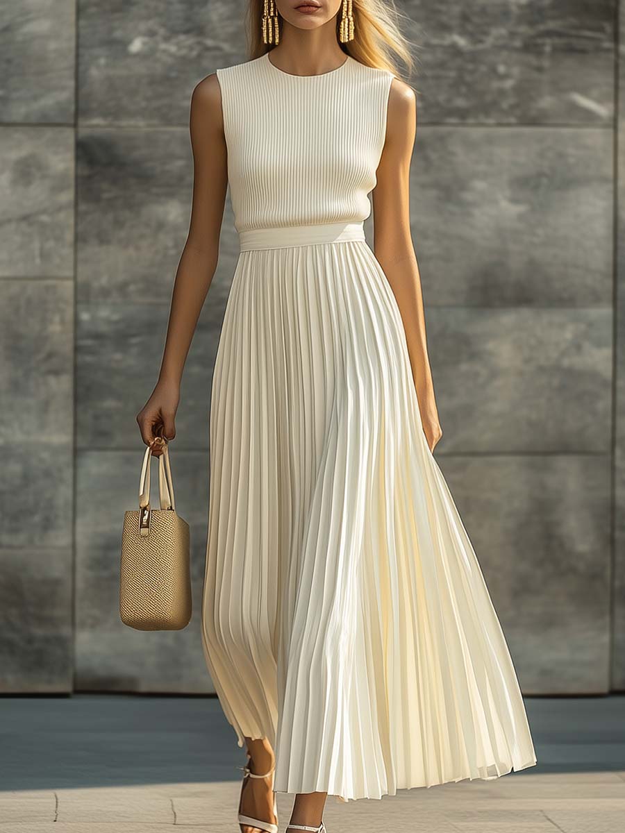 【24-hour shipping out】Elegant Casual And Comfortable Cream Knitted Chiffon Pleated Hem Maxi Dress