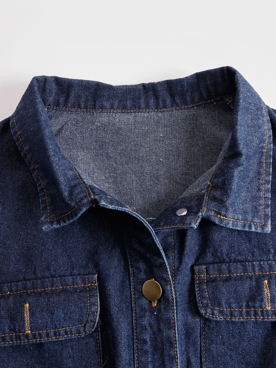 Casual Retro Multi-pocket Topstitching Dark Blue Denim Sleeveless Balloon Jumpsuit