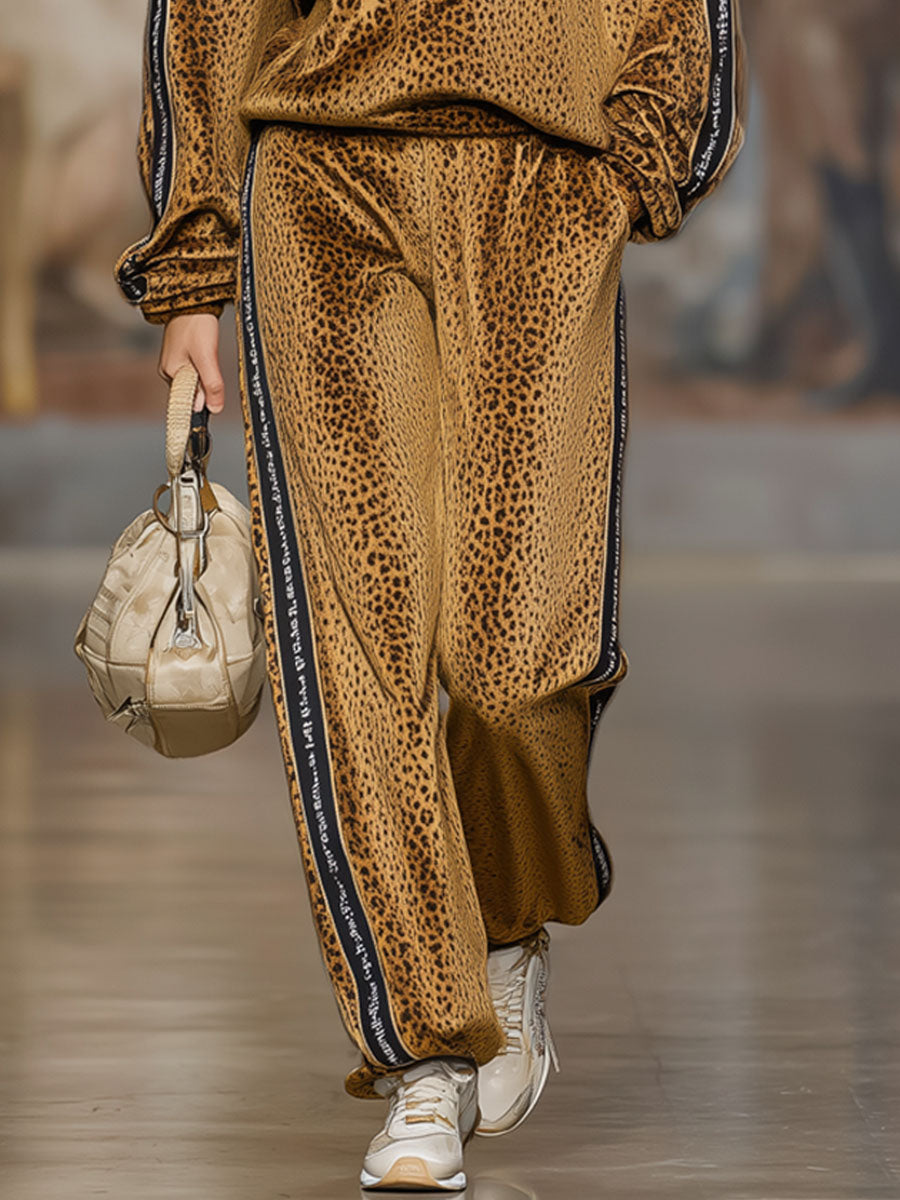 Loose-fitting Velvet Leopard Print Hoodie And Casual Pants Set