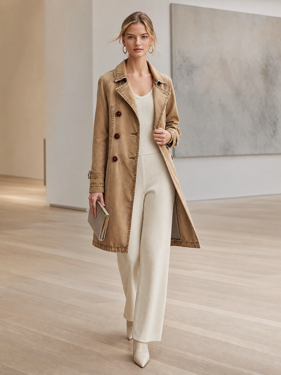 Khaki Washed Denim Trench Coat Women Double-Breasted Belted Long Overcoat