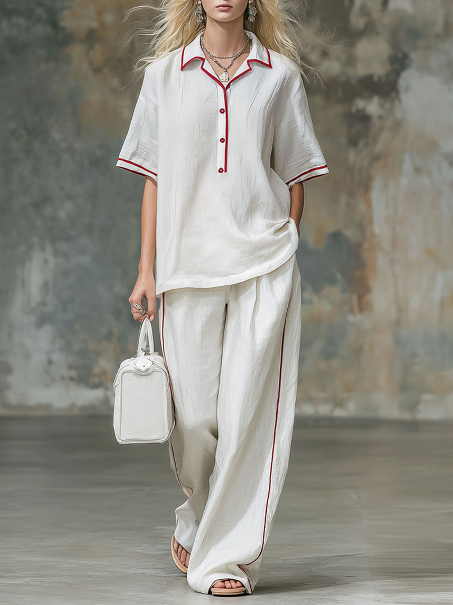 Collared Color-blocked Cotton-linen Short-sleeved Top And Pants Set