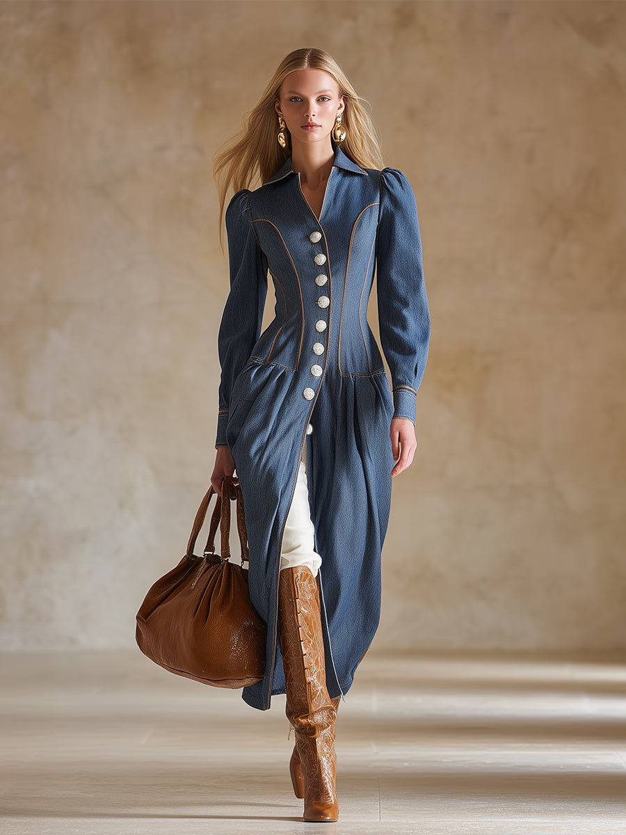 Retro-chic Color-blocked Topstitching Blue Denim Maxi Dress