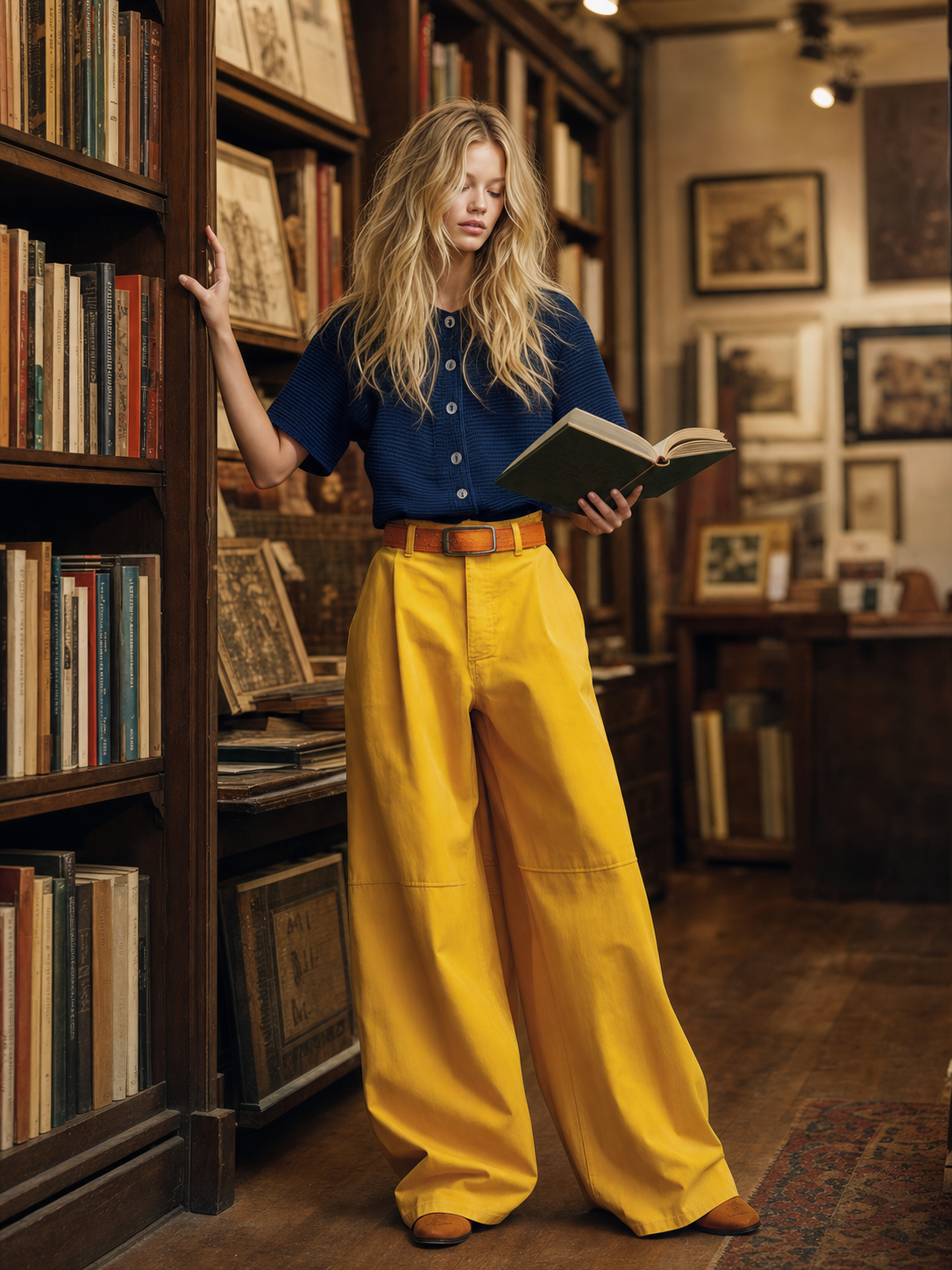 Retro-casual Western-style Blue Knit Top And Yellow Cotton-linen Trousers