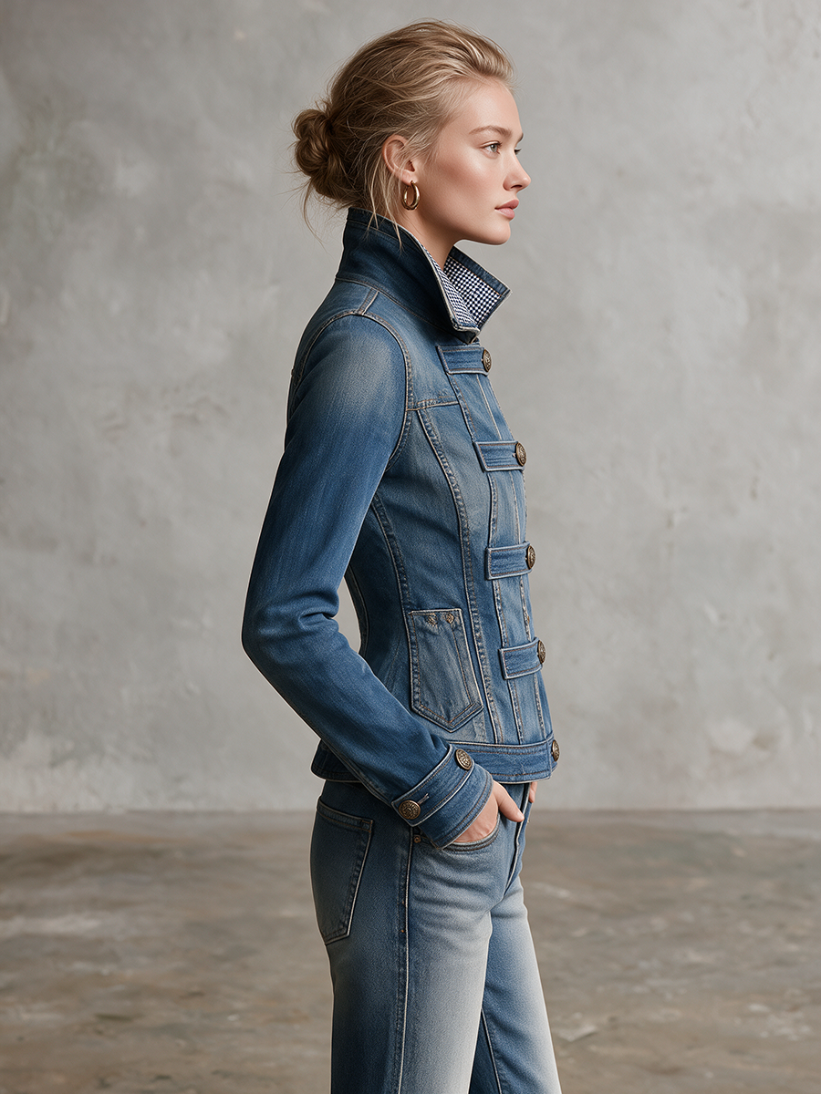 Blue Military Denim Jacket Women Stand Collar Fitted Gingham Lined Western