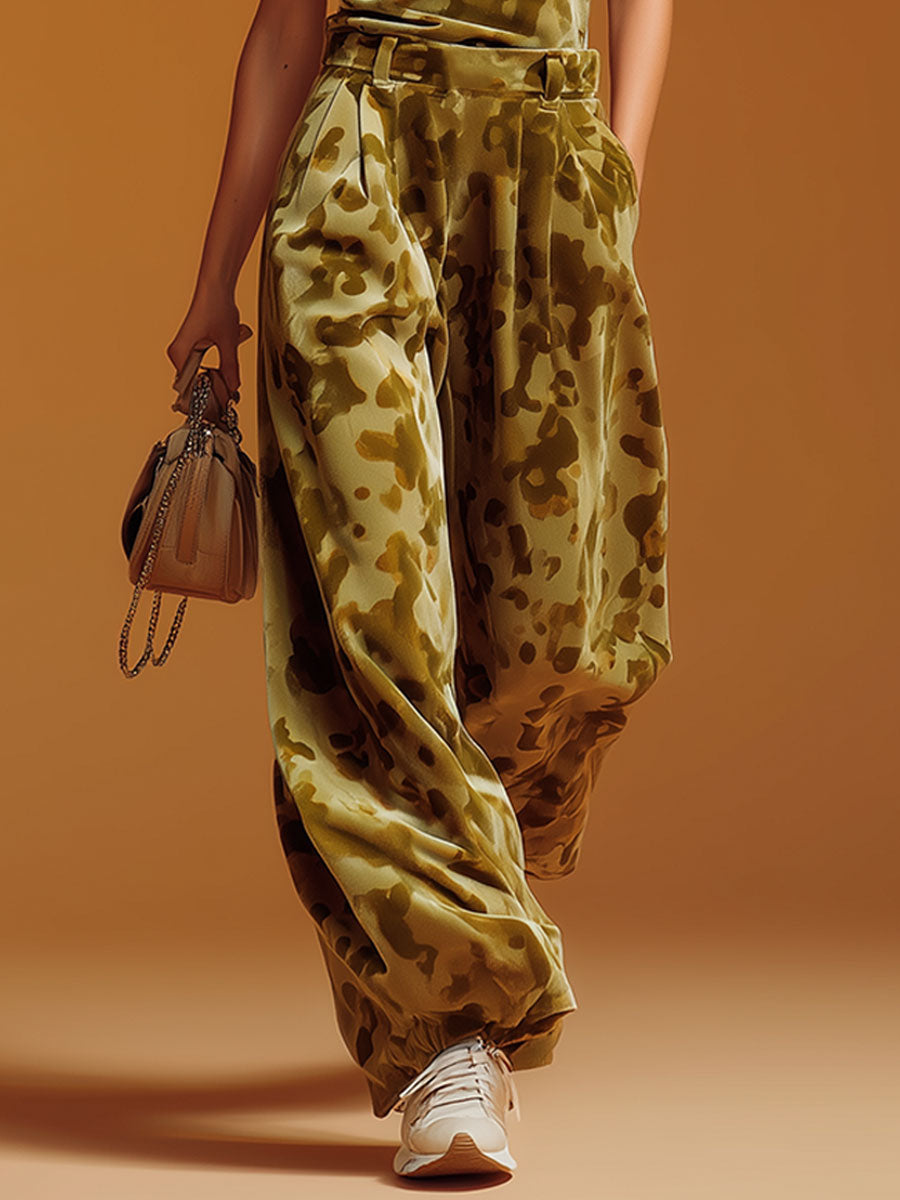 Sporty Retro Green Camouflage Velvet Turtleneck Vest And Wide-leg Pants Set