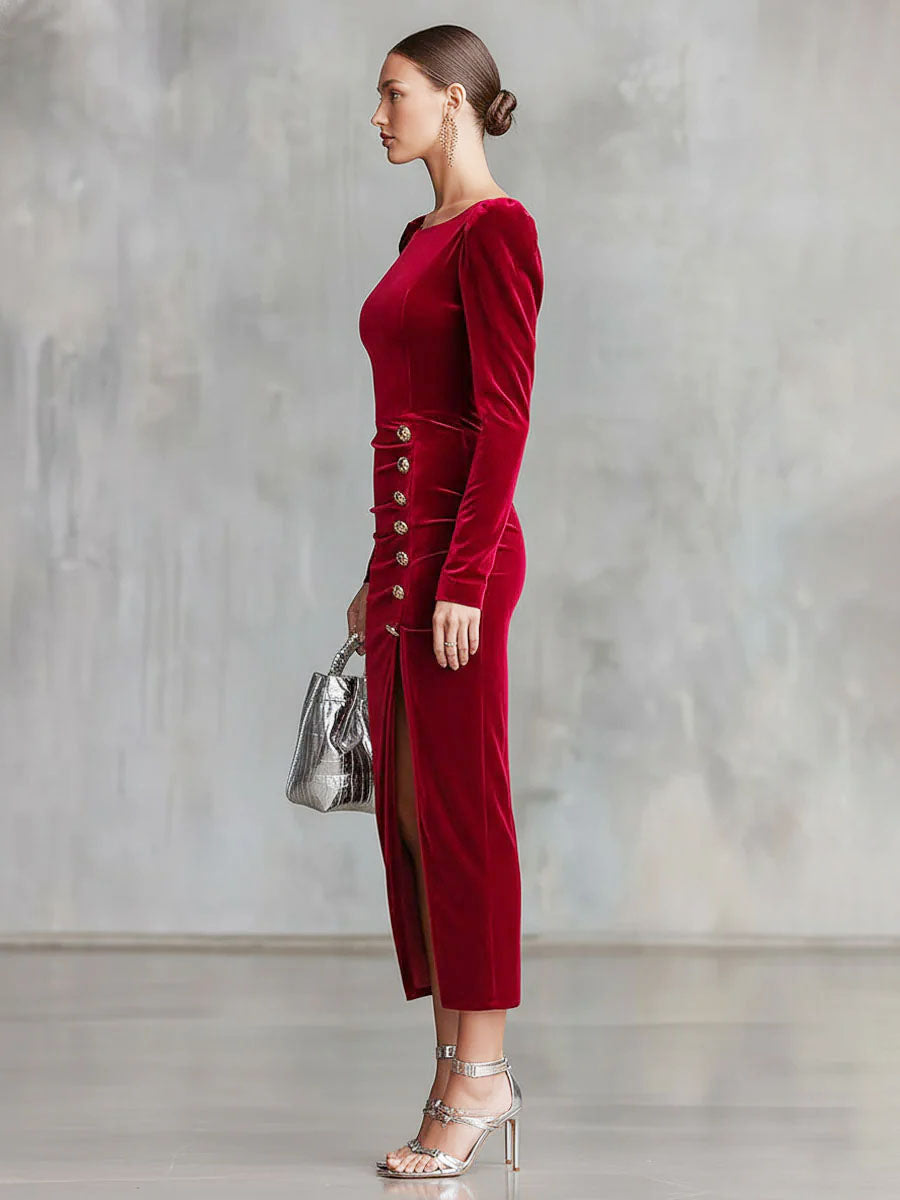 Elegant Round Neck Button-down Side Slit Long Sleeve Velvet Midi Dress