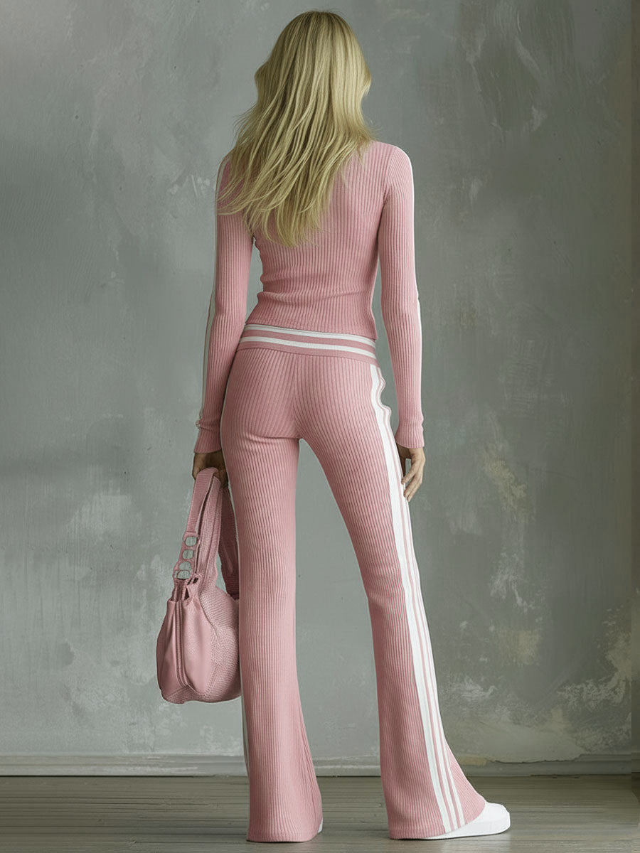 Color-blocked V-neck Long-sleeved Top And Trousers Ribbed Set
