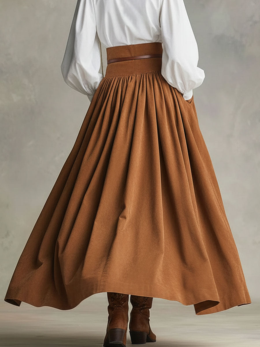 Retro-style Faux Suede High-waisted Pleated Midi Skirt