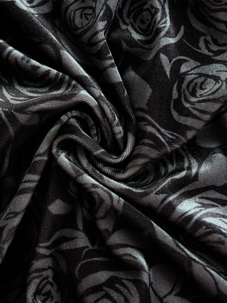 Black Rose Print A-line Velvet Skirt